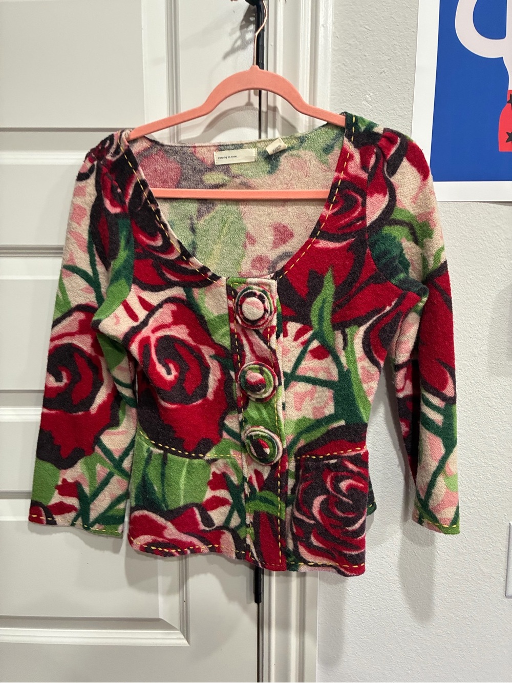 Anthropologie Rose-Print Button Front Sweater Jacket - Red/Green